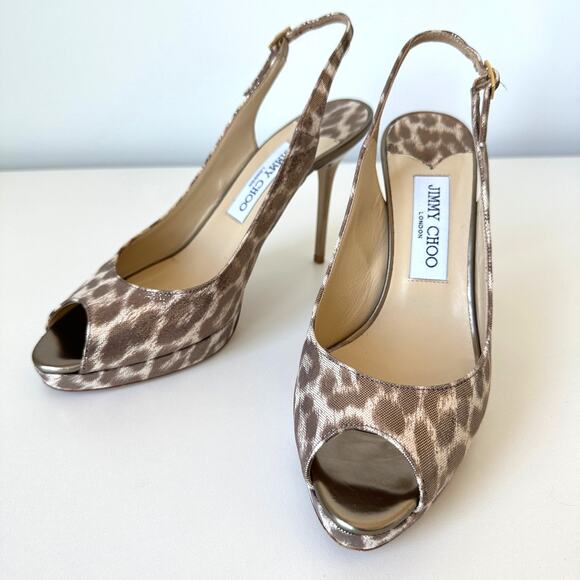 Jimmy Choo Nova Leopard Print Gold Shimmer Leather Slingback Pumps Size 38 - Picture 5 of 16